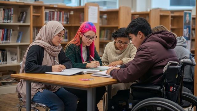Diverse Students Collaborating in a Library Environment