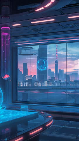 Vertical video: Pulsing holographic console table in neon lab with aquarium tube