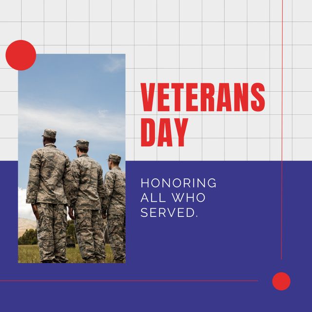 Composition of veterans day text over diverse male soldiers. Veterans day and patriotism concept digitally generated image.