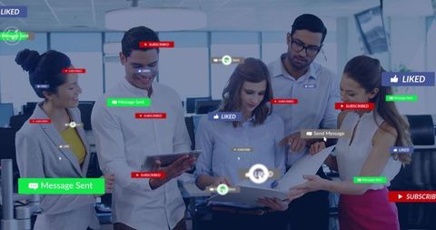 Innovative Team Collaboration in Modern Office with Holographic Interfaces