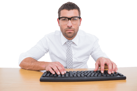 transparent businessman typing at wooden desk with concentration - Download Free Stock Videos Pikwizard.com