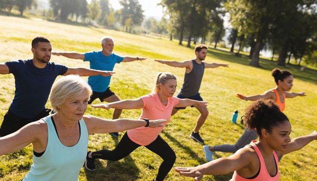Group fitness class performing outdoor lunges in sunny park wearing activewear