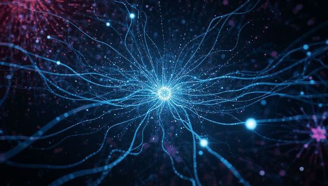 Radiating neural network node with cyan filaments and glowing particle connections
