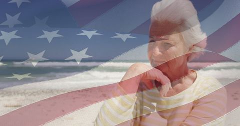 Senior Woman on Beach with American Flag Overlay Celebrating Patriotism