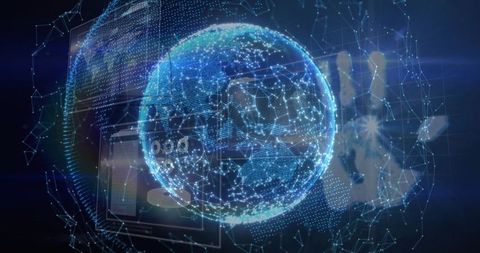 Holographic globe rotating in virtual data space with network connections