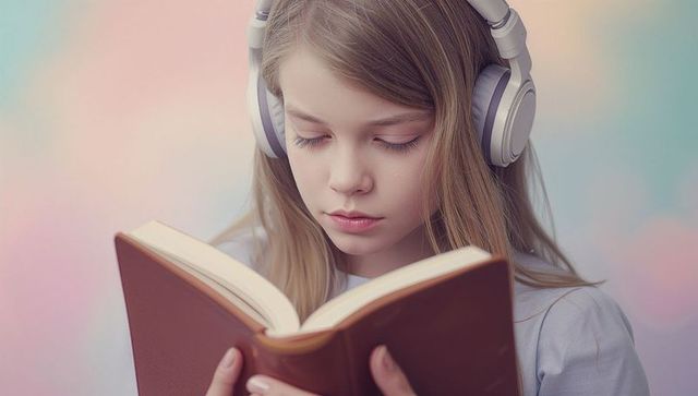 Young Girl Immersed in Book with Headphones Against Soft Background