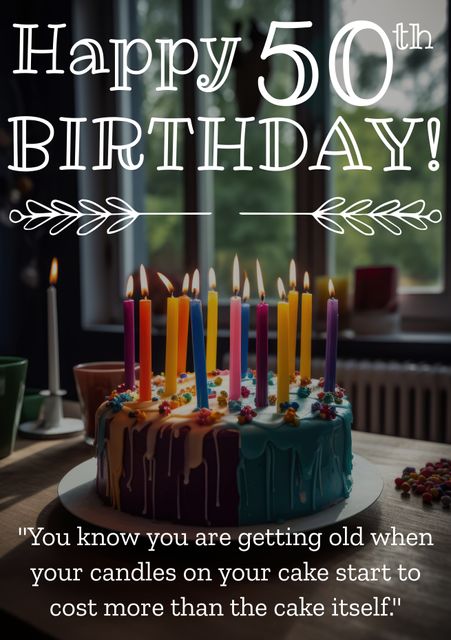 This image features a beautifully decorated birthday cake with colorful candles, celebrating a 50th birthday. The humorous text adds a lighthearted touch, making it perfect for birthday cards, invitations, social media posts, and party decorations. Ideal for milestone birthday celebrations, emphasizing the joy and humor in reaching half a century.