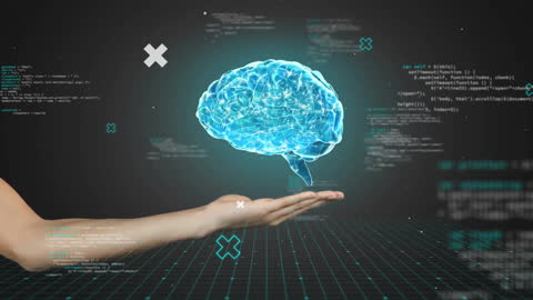 Futuristic Human Brain Hologram with Data on Hand