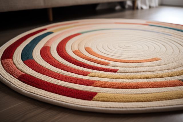 This image showcases a colorful circular rug with red, orange, blue, and beige stripes in a modern living room. It highlights a cozy and inviting space perfect for enhancing decor and adding a touch of warmth to home interiors. Ideal for use in lifestyle blogs, interior design inspiration, home decor catalogues, and promotional materials for home goods.