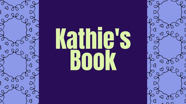 Ornate purple book cover with the customizable title 'Kathie's Book' in bold green letters. The design features decorative patterns on a vibrant purple backdrop, ideal for personalizing novels, journals, planners, or notebooks. Perfect for creating unique and personalized gifts or for adding a personal touch to special projects or creative endeavors.