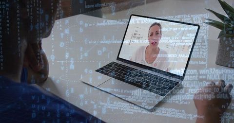 Remote video meeting and coding overlay, woman holding mug watching presenter on laptop