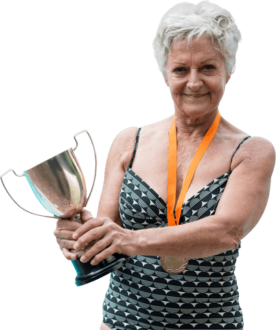 Senior Woman in Swimwear Holding Trophy Transparent Background