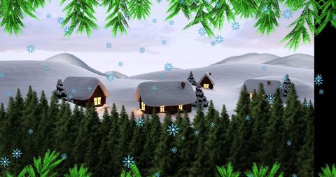 Cozy winter cottage scene with snowy pines and falling snowflakes