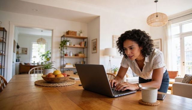 Woman working from home leaning over laptop on wooden dining table, cozy daylight and plants