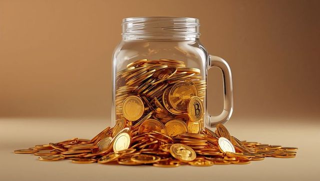 Glass mason jar overflowing with bitcoin coins on neutral beige background