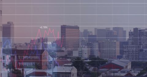 Cityscape with Financial Graph Overlay Illustrating Market Trends