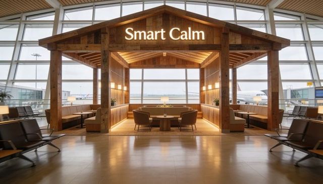 Timber airport pavilion lounge with 'smart calm' sign and cozy runway-facing seating