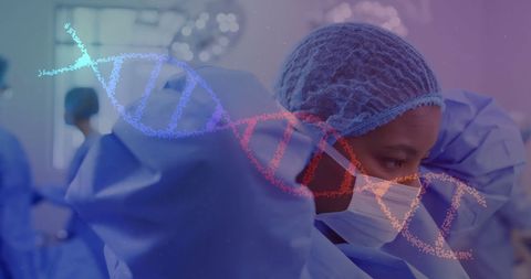 Female Surgeon Wearing Scrubs with DNA Strand Overlay - Download Free Stock Images Pikwizard.com