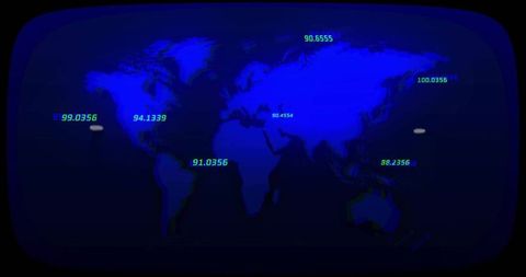 Futuristic Neon World Map Dashboard Showing Geospatial Numeric Readouts on Rounded Screen