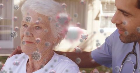 Healthcare worker supporting elderly woman amid pandemic concerns