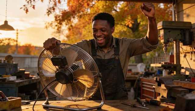 Craftsman celebrating repair victory while holding metal fan at golden hour workshop