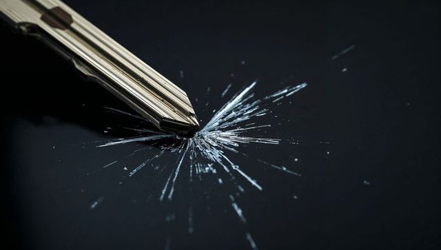 Metallic bit creating starburst crack on dark glass surface, macro shards and detail