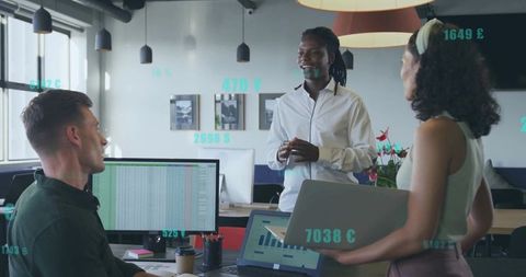 Business professional leading team discussion with data visualization