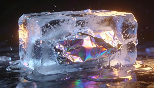Melting ice block revealing iridescent holographic foil with prism reflections and amber-blue glow