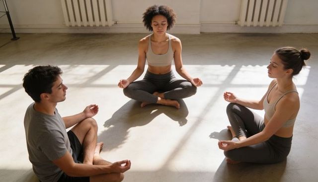 Group Meditation in Sunlit Studio Practicing Mindfulness and Gentle Yoga Breathwork for Calm