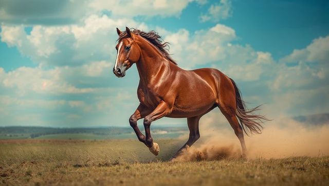 Galloping chestnut horse in scenic landscape