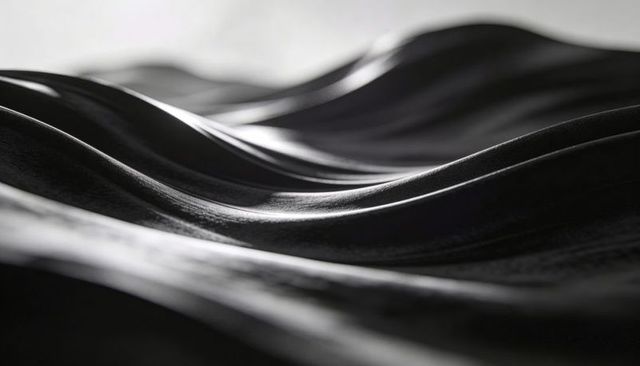 Dark glossy waves flowing in monochrome macro, shallow depth of field, high contrast sheen