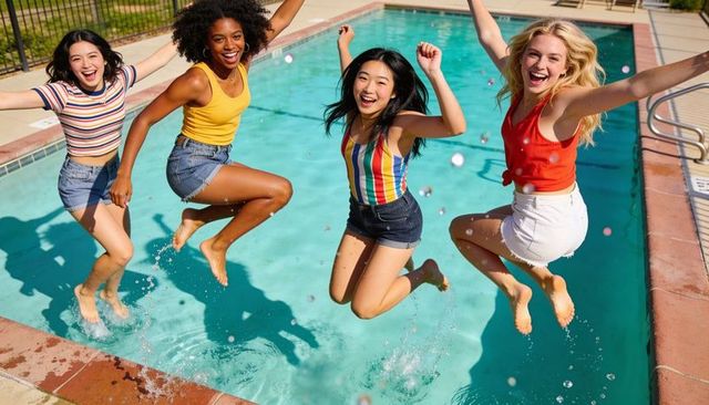 Friends jumping into pool splashing water on sunny summer day laughing youthful group