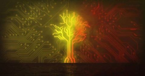 Digital tree of life with neon connections over circuit paths