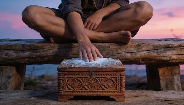 Barefoot man sitting reaching ornate wooden box dusted with white powder at seaside dusk
