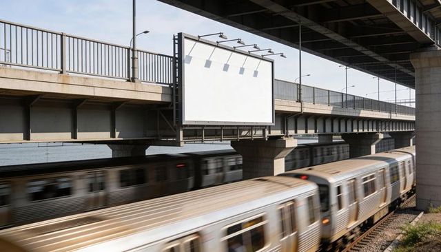 Blank billboard on urban overpass with passing trains and motion blur for advertising