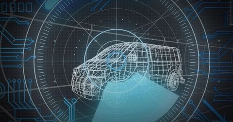 3D Wireframe SUV with Digital HUD Interface and Circuitry