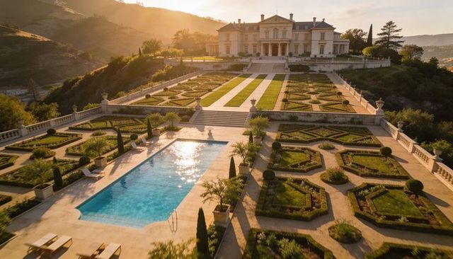 Neoclassical mansion overlooking terraced parterre and reflecting pool at golden hour