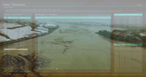 Futuristic data interface overlying scenic estuary