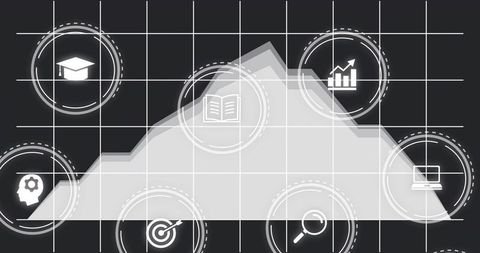 Visualizing cloud analytics dashboard featuring area chart and education research technology icons