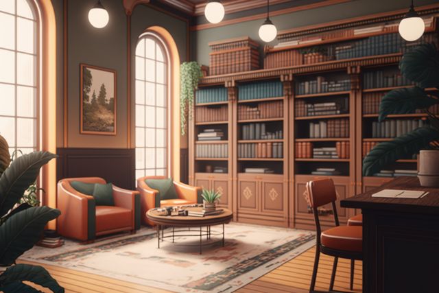 Interior of library with bookcases, armchairs and big windows created using generative ai technology - Download Free Stock Photos Pikwizard.com