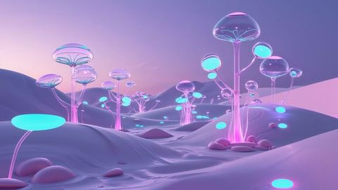 Surreal landscape with luminous mushrooms and colorful glows