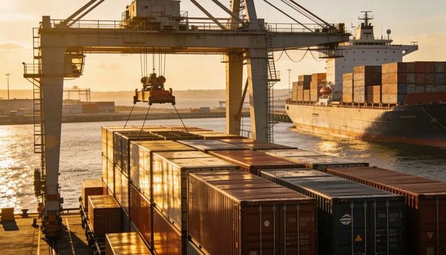 Sunset container terminal gantry crane lifting spreader over shipping containers, harbor