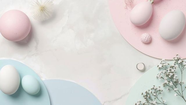 Pastel easter flatlay with gypsophila and minimalist marble circles for spring layouts