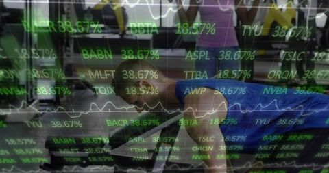 Man performing dumbbell row on bench with stock ticker overlay double-exposure workout