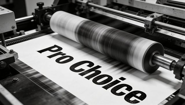 Industrial printing press producing bold pro choice headline on paper roll