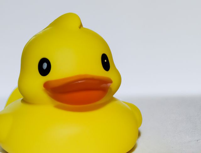 Close up of yellow rubber duck on white background created using generative ai technology. Toy, material and animals concept, digitally generated image.