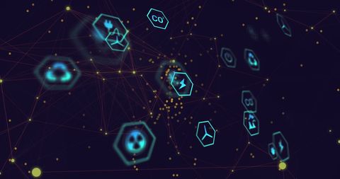 Futuristic digital network with technology icons and connections