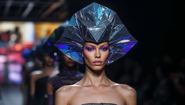 Futuristic model on runway in unique crystalline headdress