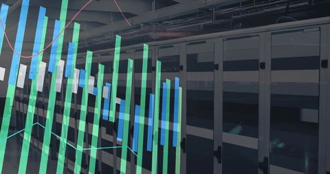 Data center server racks showing green blue data visualization and live analytics overlay