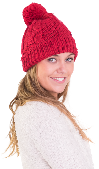 Happy Blonde Woman Wearing Red Winter Hat and Sweater Transparent Background - Download Free Stock Videos Pikwizard.com